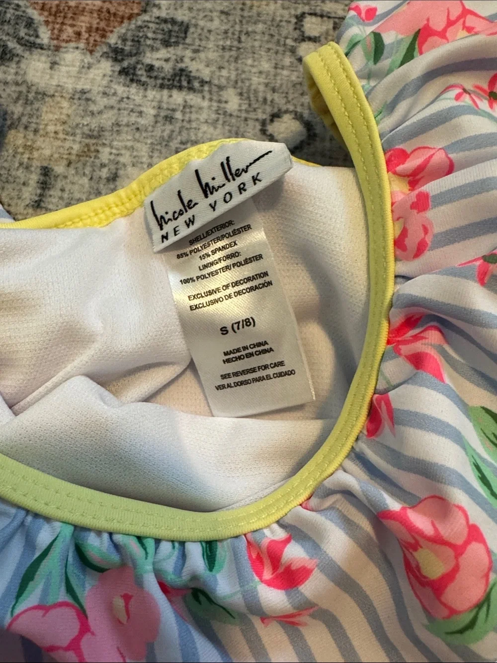 NWT Nicole Miller One Piece Floral Striped Pom Pom Swim Suit Girls Sz 7/8
